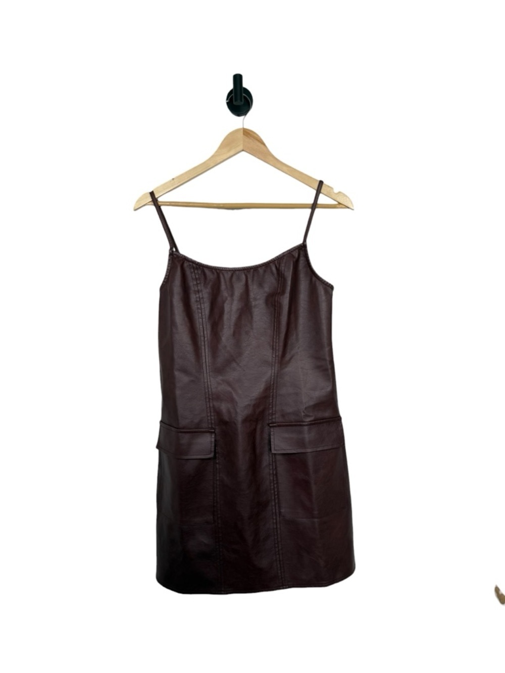 Blue Blush Faux Leather Mini Dress Brown Slip Pocket Front Zip Back Size L